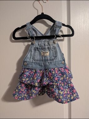 OshKosh B'gosh Light Wash Denim Floral Ruffle Overall Dress - Blue/Pink/Yellow